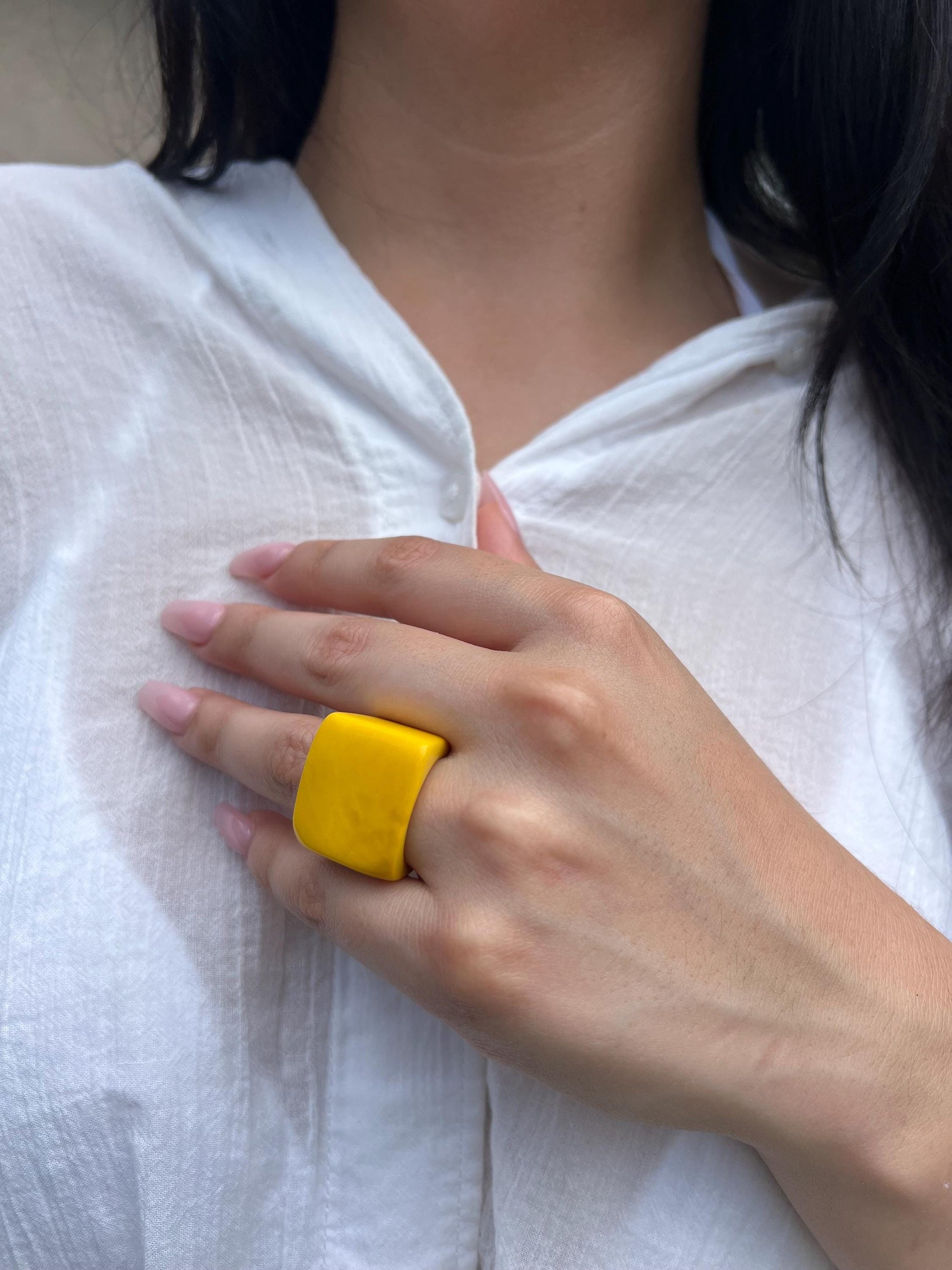 Big yellow ring Unisex oversized rings Tagua jewelry Geometric square ring Wearable art Statement cuff ring Fashion ring thick band Handmade