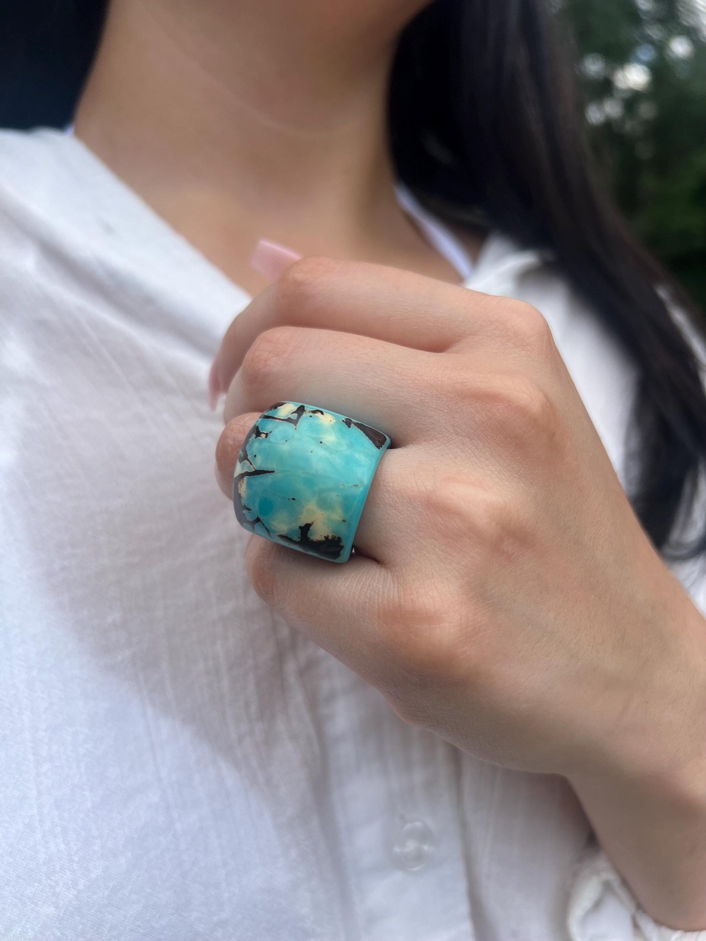Turquoise statement cocktail ring Tagua Rings Big bold dramatic ring Oversized Fashion ring
