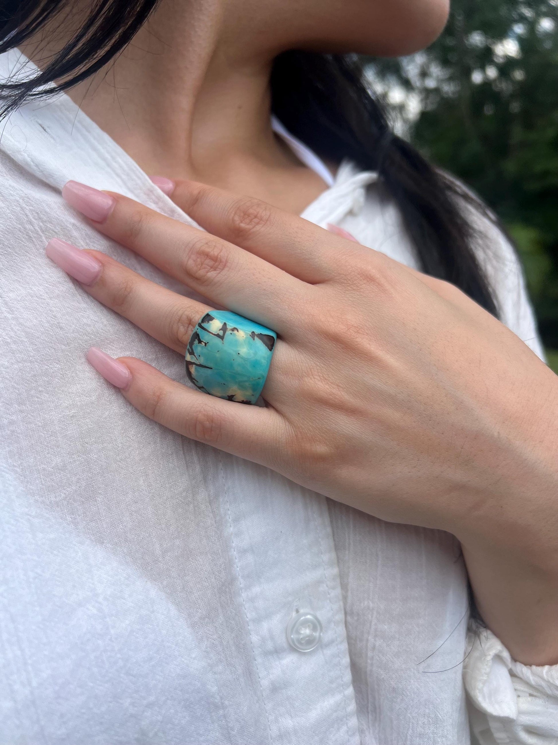 Turquoise statement cocktail ring Tagua Rings Big bold dramatic ring Oversized Fashion ring Elegant chunky ring Hand carved ring Art to wear