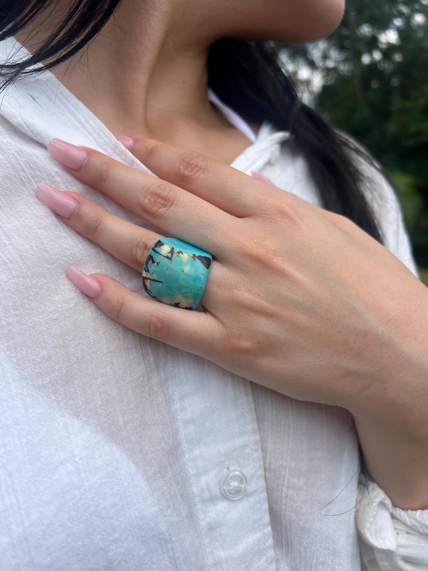 Turquoise statement cocktail ring Tagua Rings Big bold dramatic ring Oversized Fashion ring