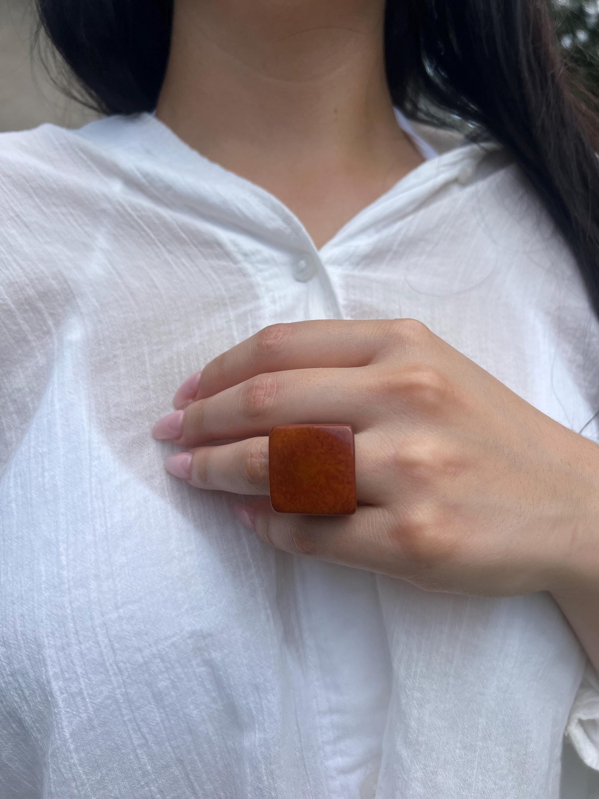 Brown statement ring Tagua jewelry Handcrafted ring Unisex big bold ring Wide band ring Square geometric ring Wearable art Edgy rings