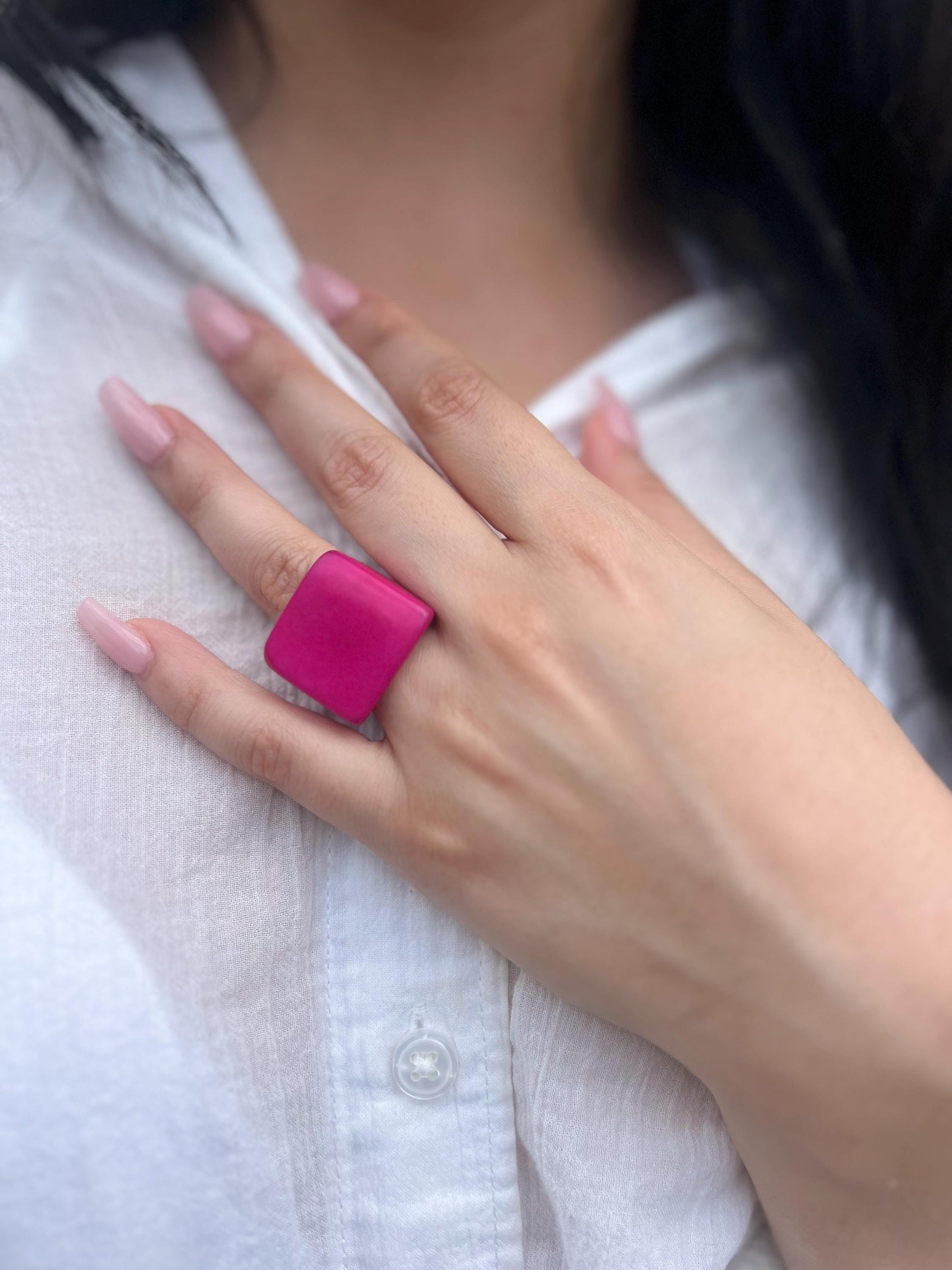Hot pink handmade ring Tagua ring Unusual fashion jewelry Big bold cocktail ring Statement large ring Chunky aesthetic ring Big band ring