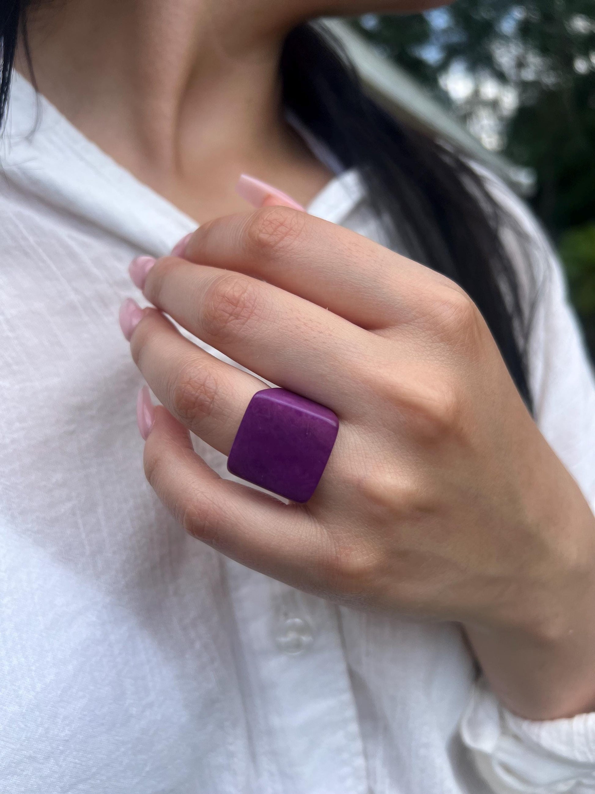 Big purple ring Statement cuff ring Tagua jewelry Large cocktail ring Chunky rings for women Wide band ring Thick rings Wearable art Unisex