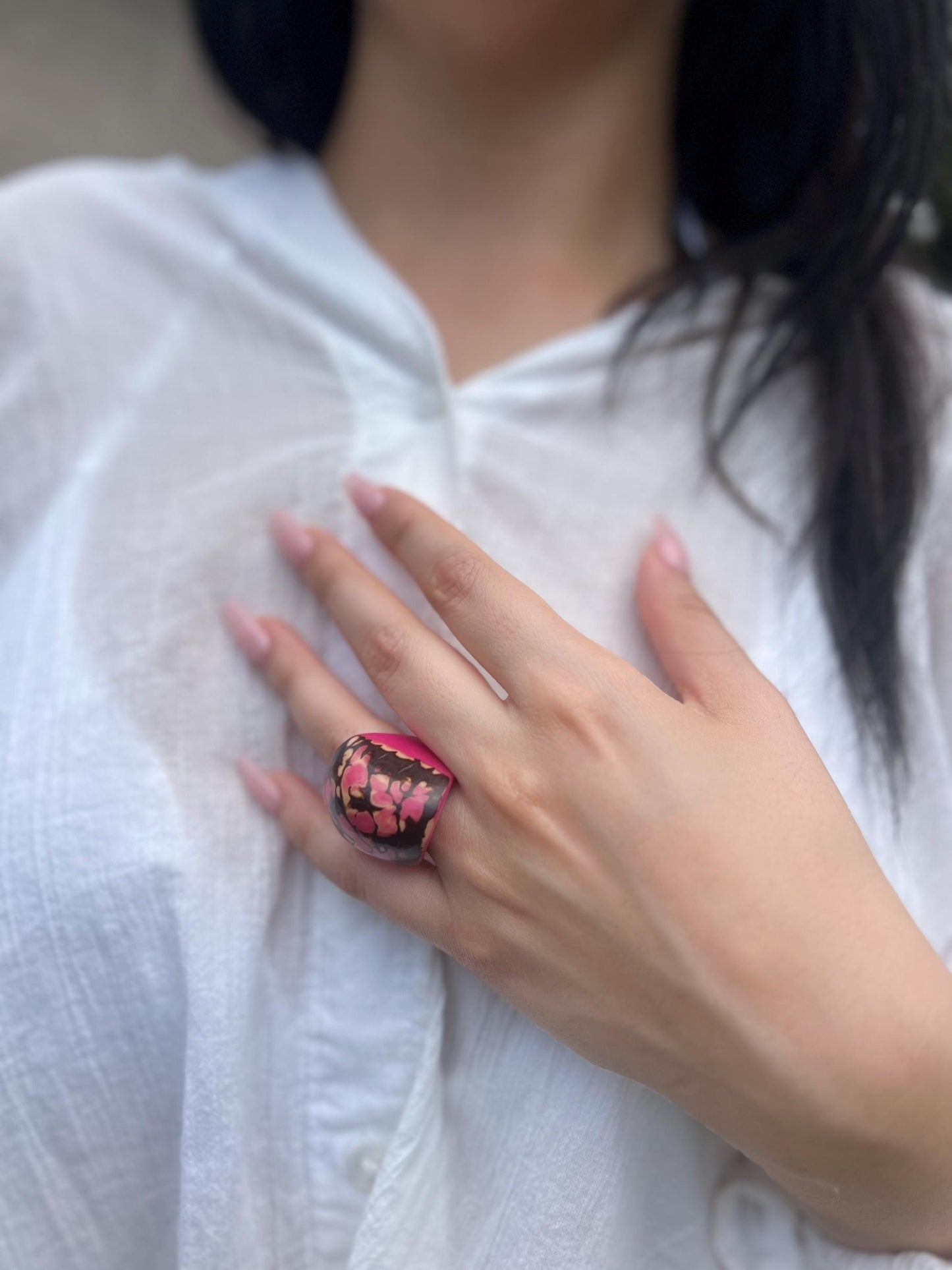Hot pink statement ring Tagua nut jewelry Cocktail rings Wide band ring Statement cuff ring Contemporary beaded ring Wide band rings