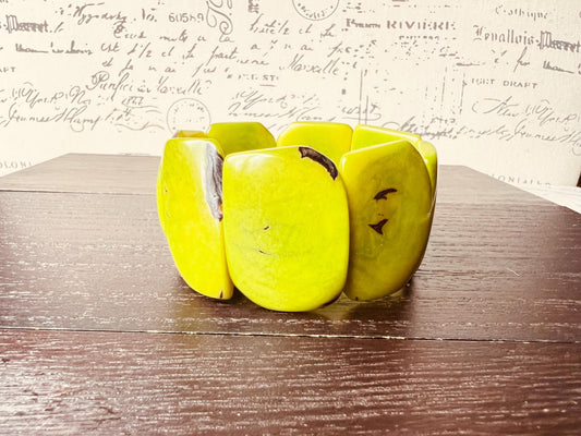 Lemon green beaded bracelet Tagua jewelry Summer fashion Big bold beads bangle Elastic stretch bracelet Art to wear Artsy gift Cruise wear