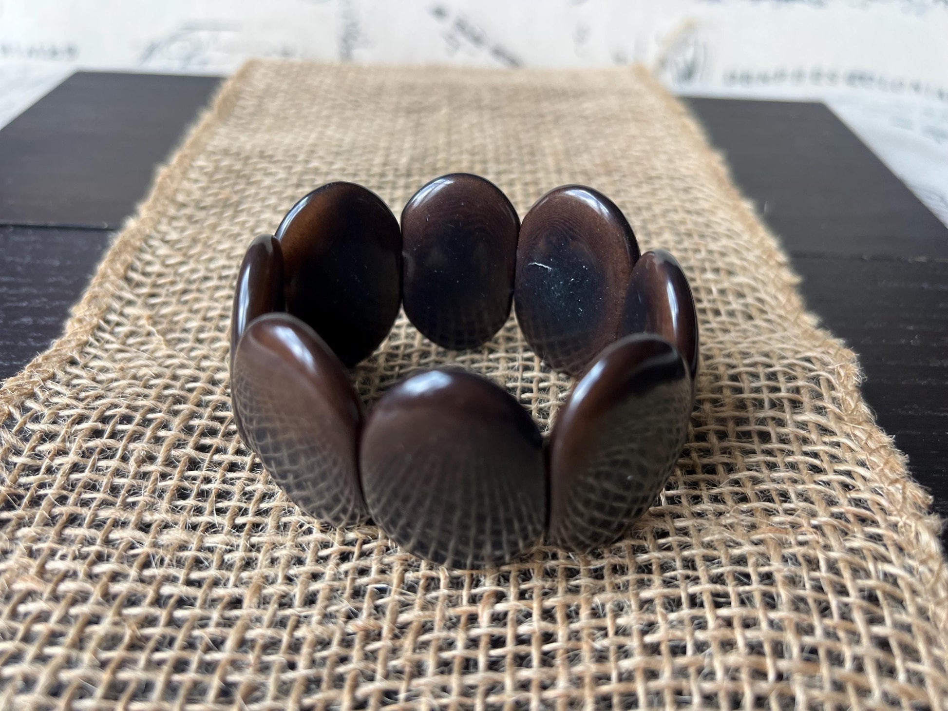 Dark brown geometric bracelet Big oval square beads Tagua nut jewelry Beaded stretch bracelets for women Wide cuff bracelet Fall fashion