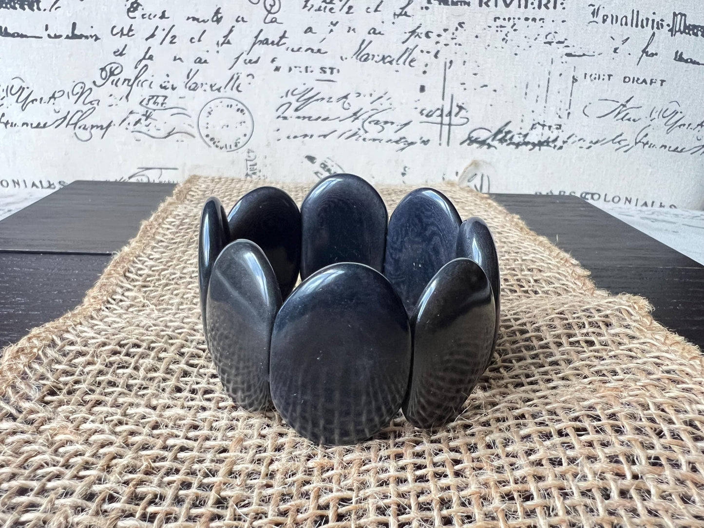 Dark gray geometric bracelet Big oval square beads Tagua nut jewelry Beaded stretch bracelets for women Wide cuff bracelet Fall fashion