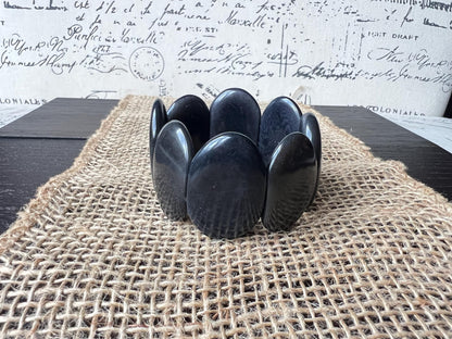 Dark gray geometric bracelet Big oval square beads Tagua nut jewelry Beaded stretch bracelets for women Wide cuff bracelet Fall fashion