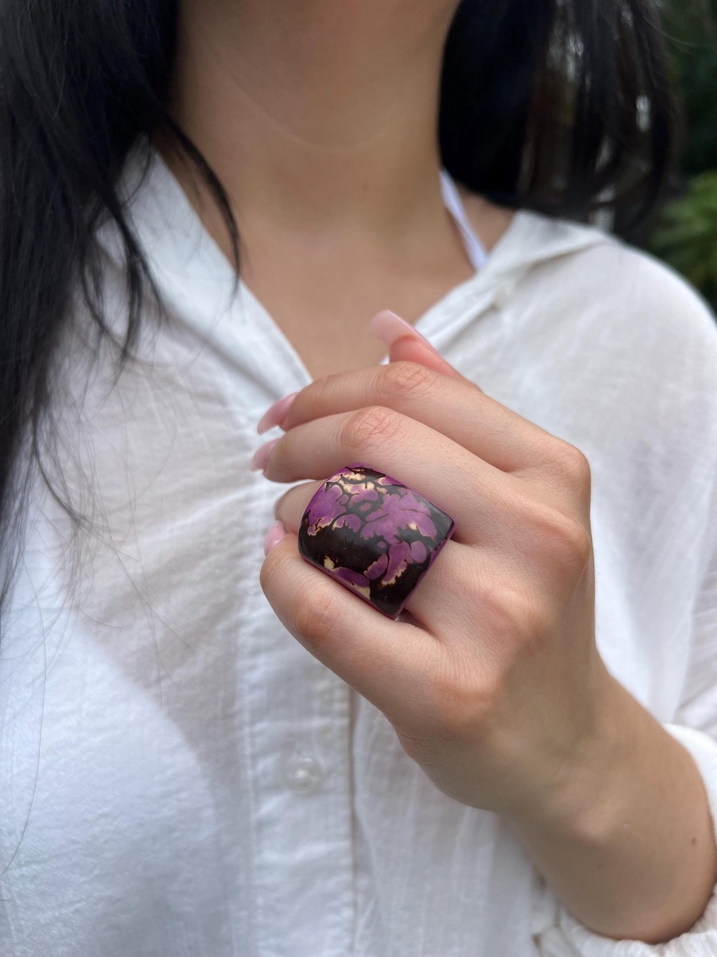 Purple statement cocktail ring Tagua Rings Big bold dramatic ring Oversized Fashion ring Elegant chunky ring Hand carved ring Aesthetic ring