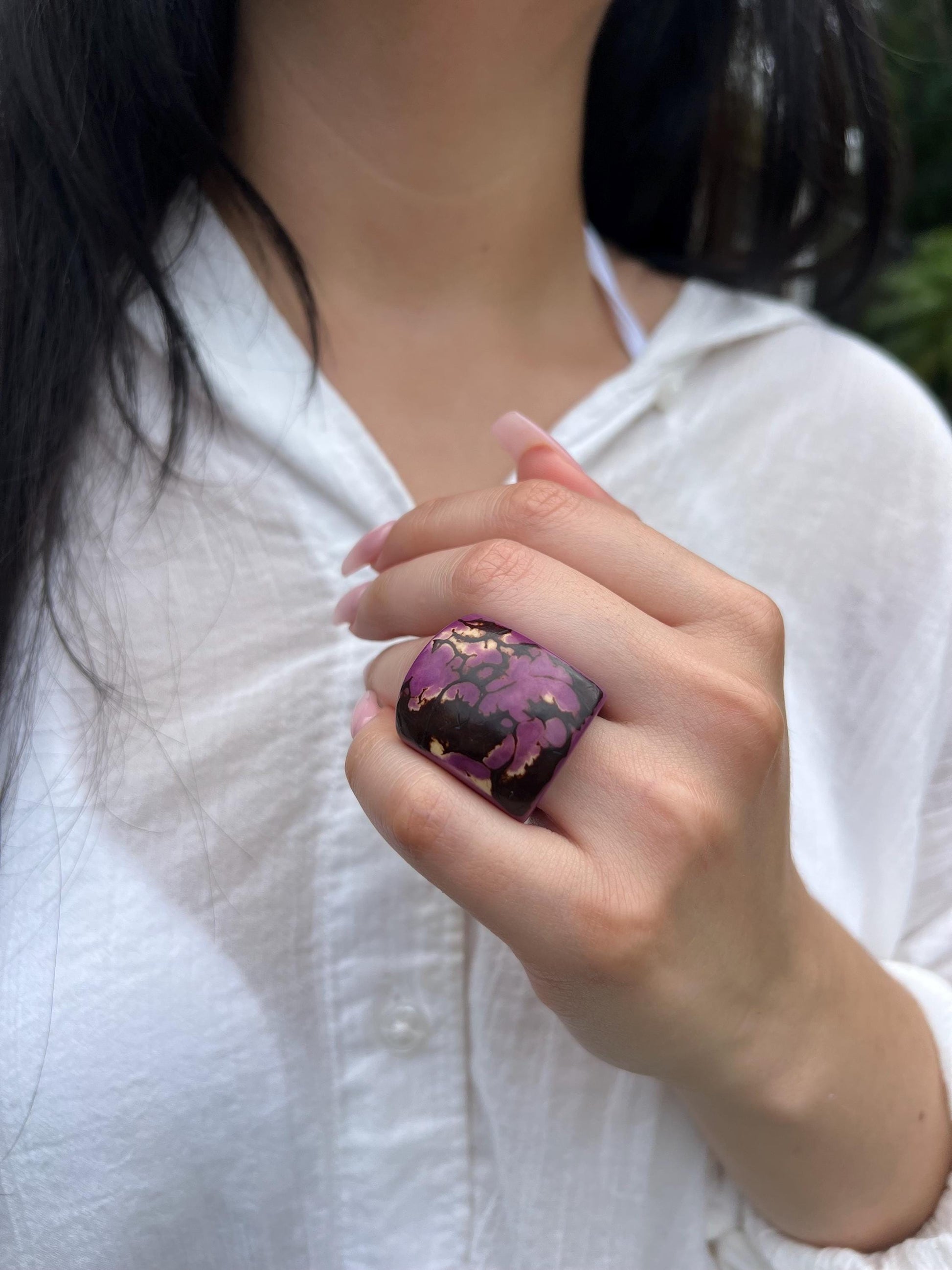 Purple statement cocktail ring Tagua Rings Big bold dramatic ring Oversized Fashion ring Elegant chunky ring Hand carved ring Aesthetic ring