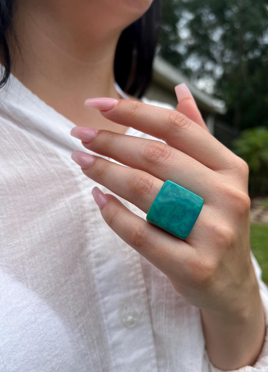 Teal statement ring Cocktail rings Tagua jewelry Fashion rings Wide band statement ring Beachy rings Wearable art Bold rings Summer fashion