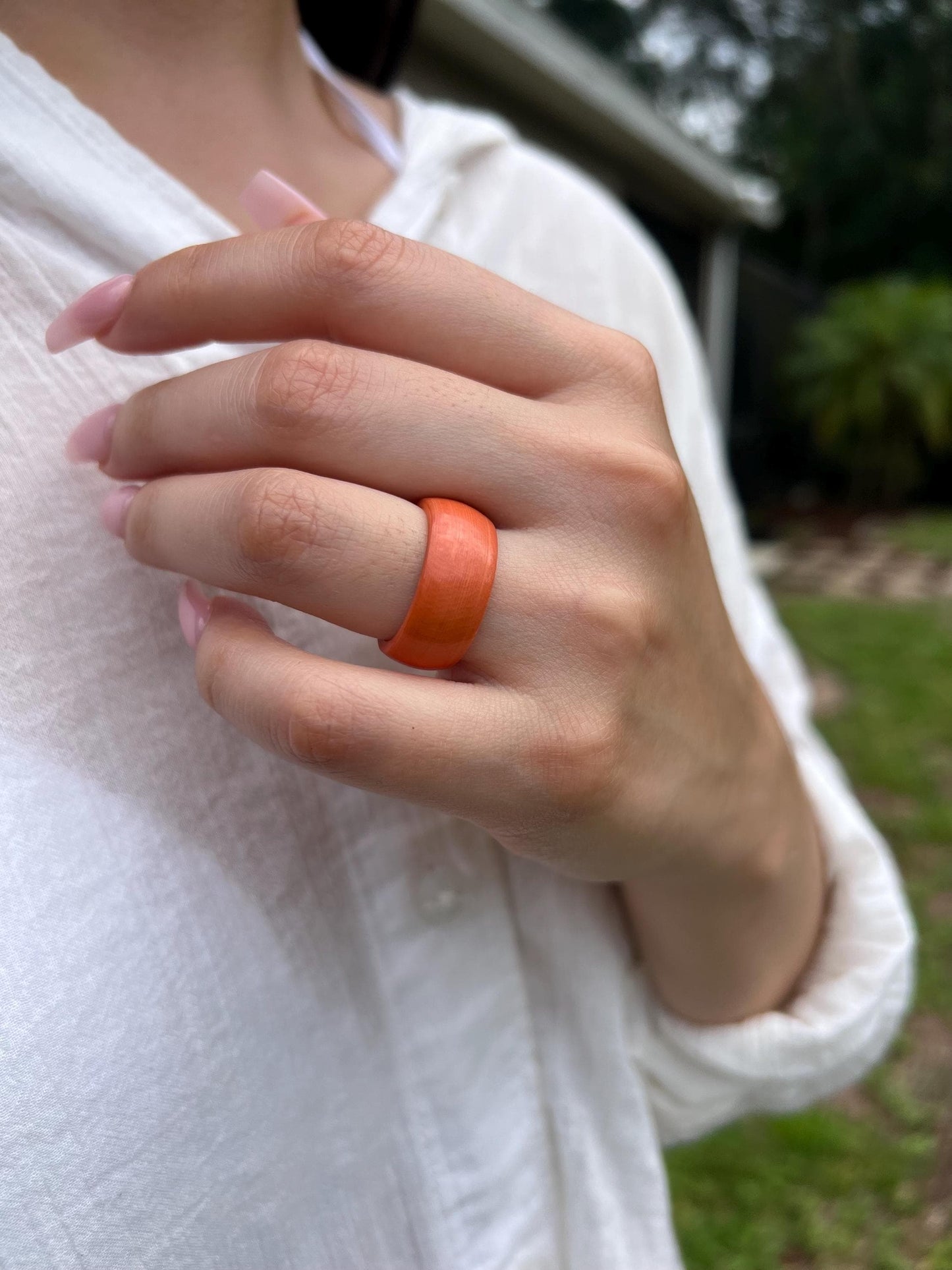 Salmon band ring Tagua jewelry Simple hand carved ring 10 mm Thick ring Fall wedding Beach wear Pink coral Plain ring for women her