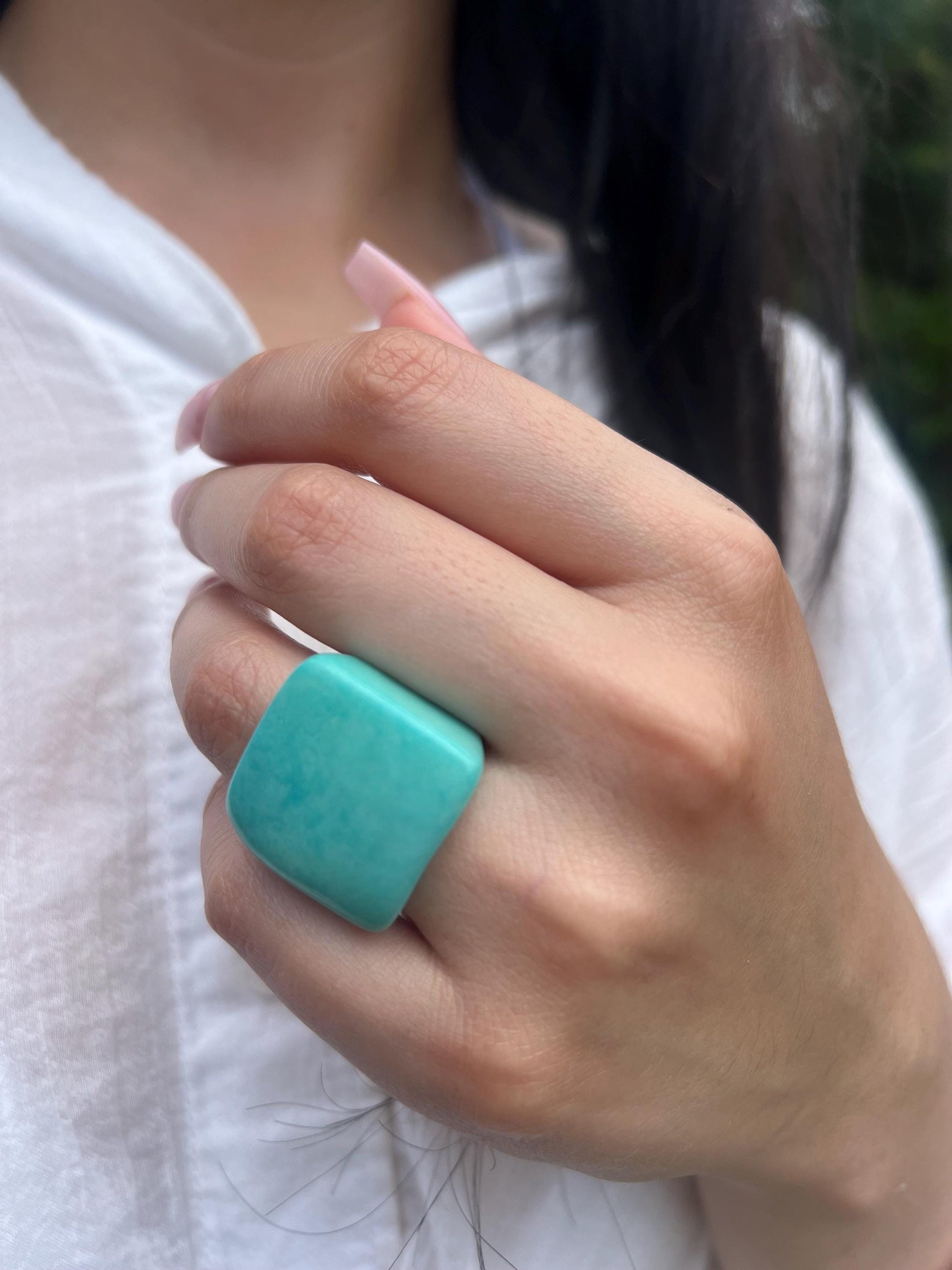 Tagua nut ring turquoise green Unusual fashion jewelry Big bold cocktail ring Statement large Anniversary gift women Huge oversized ring
