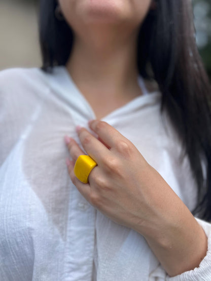 Big yellow ring Unisex oversized rings Tagua jewelry Geometric square ring Wearable art Statement cuff ring Fashion ring thick band Handmade