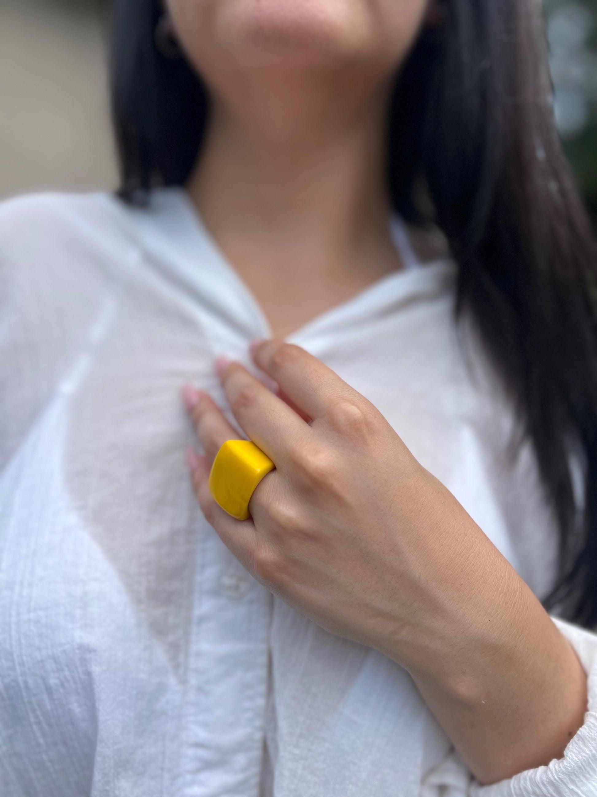 Big yellow ring Unisex oversized rings Tagua jewelry Geometric square ring Wearable art Statement cuff ring Fashion ring thick band Handmade