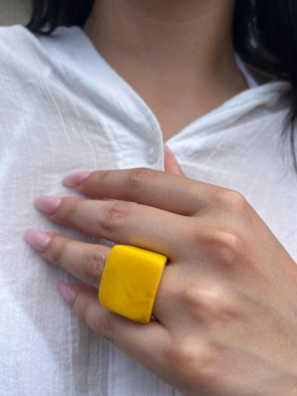 Big yellow ring Unisex oversized rings Tagua jewelry Geometric square ring Wearable art Statement cuff ring Fashion ring thick band Handmade