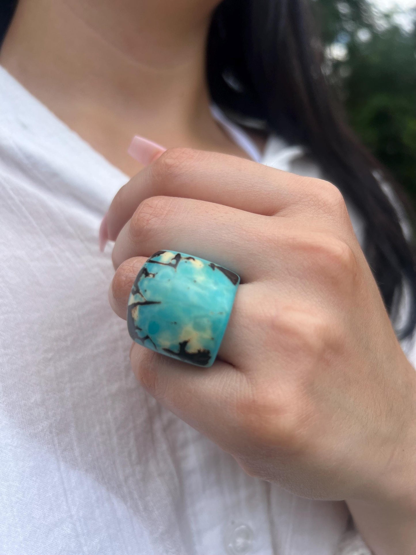 Turquoise statement cocktail ring Tagua Rings Big bold dramatic ring Oversized Fashion ring Elegant chunky ring Hand carved ring Art to wear