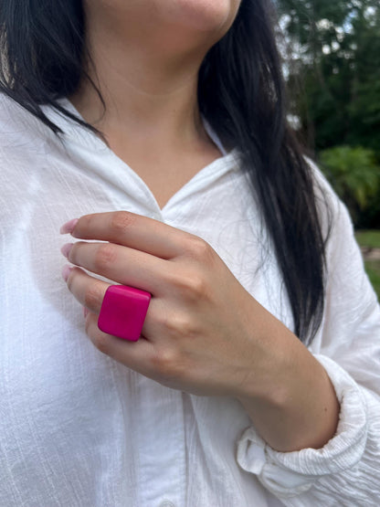 Hot pink handmade ring Tagua ring Unusual fashion jewelry Big bold cocktail ring Statement large ring Chunky aesthetic ring Big band ring