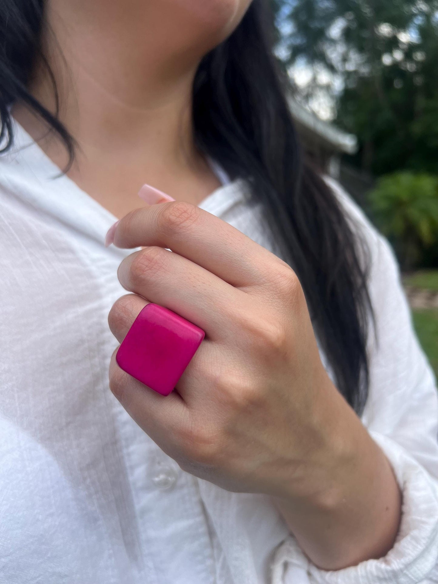 Tagua ring hot pink Unusual fashion jewelry Spring style Big bold cocktail ring Statement large Anniversary gift women Huge oversized ring