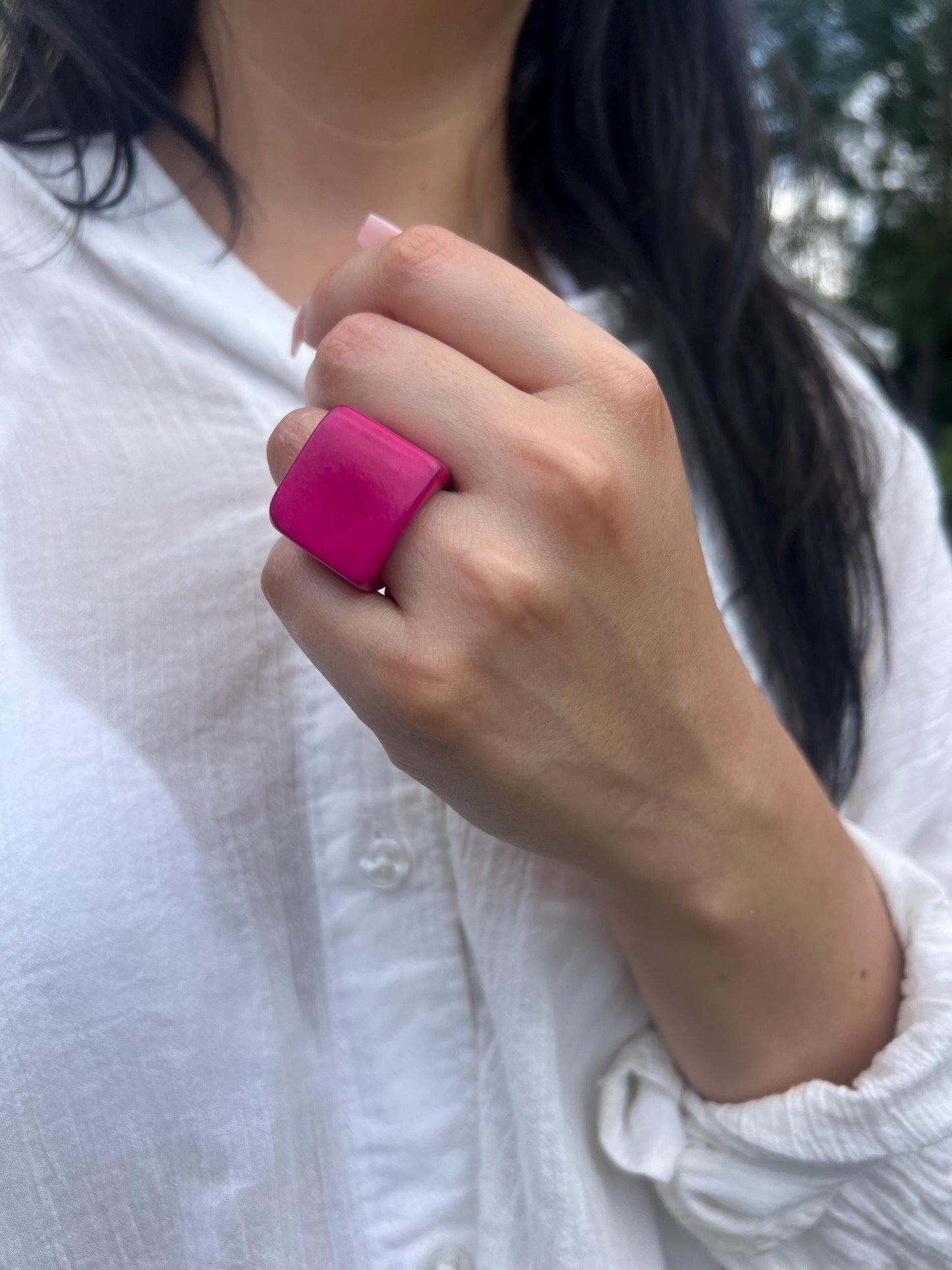 Hot pink handmade ring Tagua ring Unusual fashion jewelry Big bold cocktail ring Statement large ring Chunky aesthetic ring Big band ring