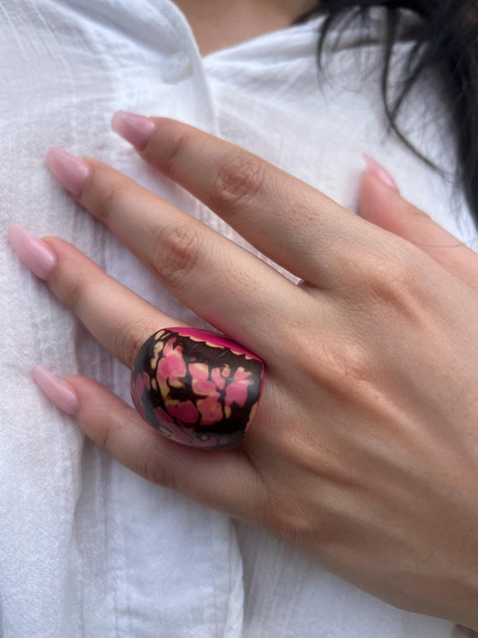 Hot pink statement ring Tagua nut jewelry Cocktail rings Wide band ring Statement cuff ring Contemporary beaded ring Wide band rings