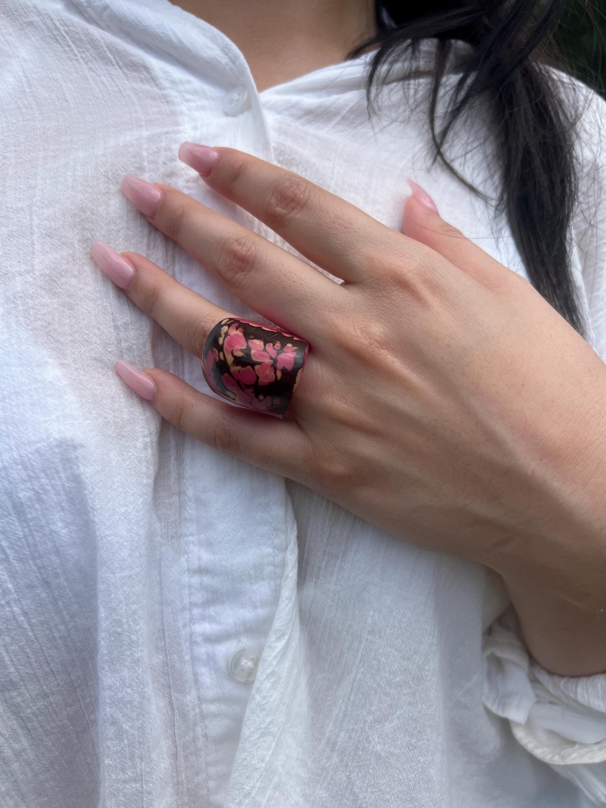 Hot pink statement ring Tagua nut jewelry Cocktail rings Wide band ring
