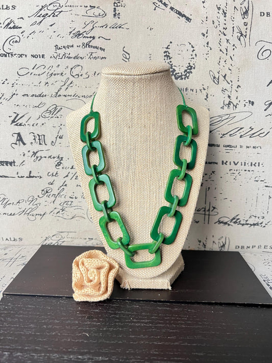Green chunky chain link necklace Adjustable cord Tagua jewelry Oversized beaded collar Geometric necklace Fall fashion Wearable art
