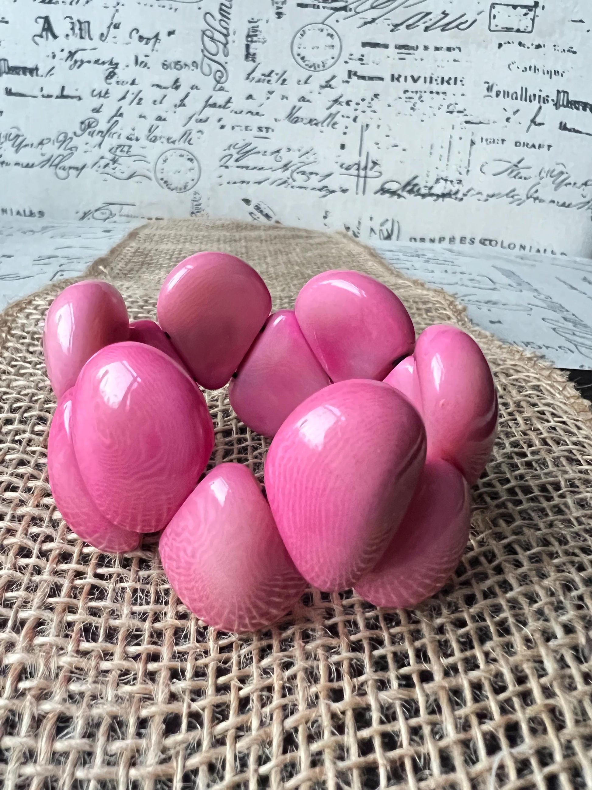 Pink statement bracelet Tagua jewelry Big bracelet for women Raindrop bracelet Fall fashion Art to wear Elastic stretch chunky bracelet