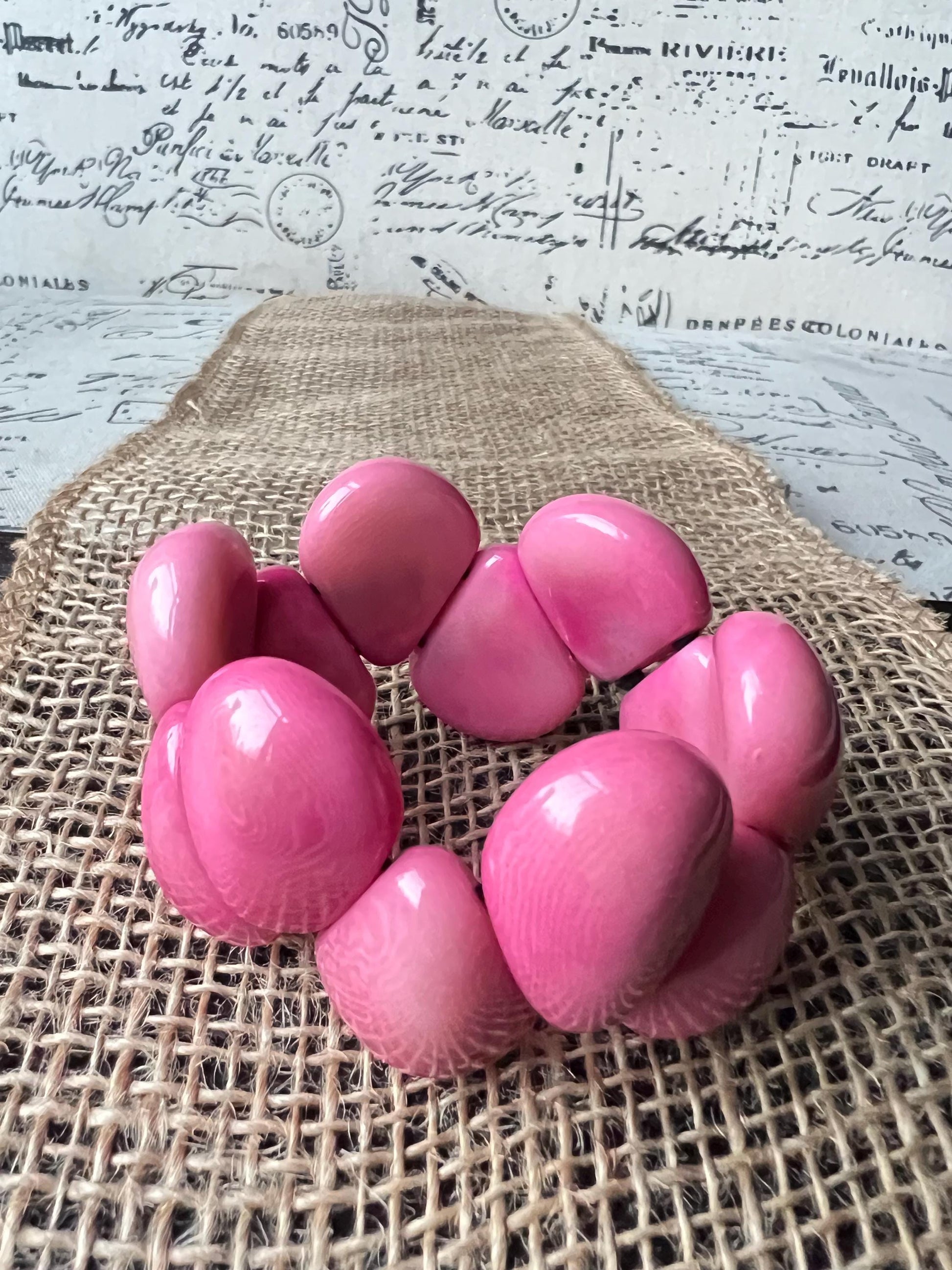 Pink statement bracelet Tagua jewelry Big bracelet for women Raindrop bracelet Fall fashion Art to wear Elastic stretch chunky bracelet
