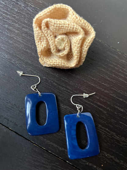 Blue statement earrings Dangle and drop earrings Fall fashion Tagua nut jewelry Artsy gifts Rectangle jewelry Long dangles Cruise wear