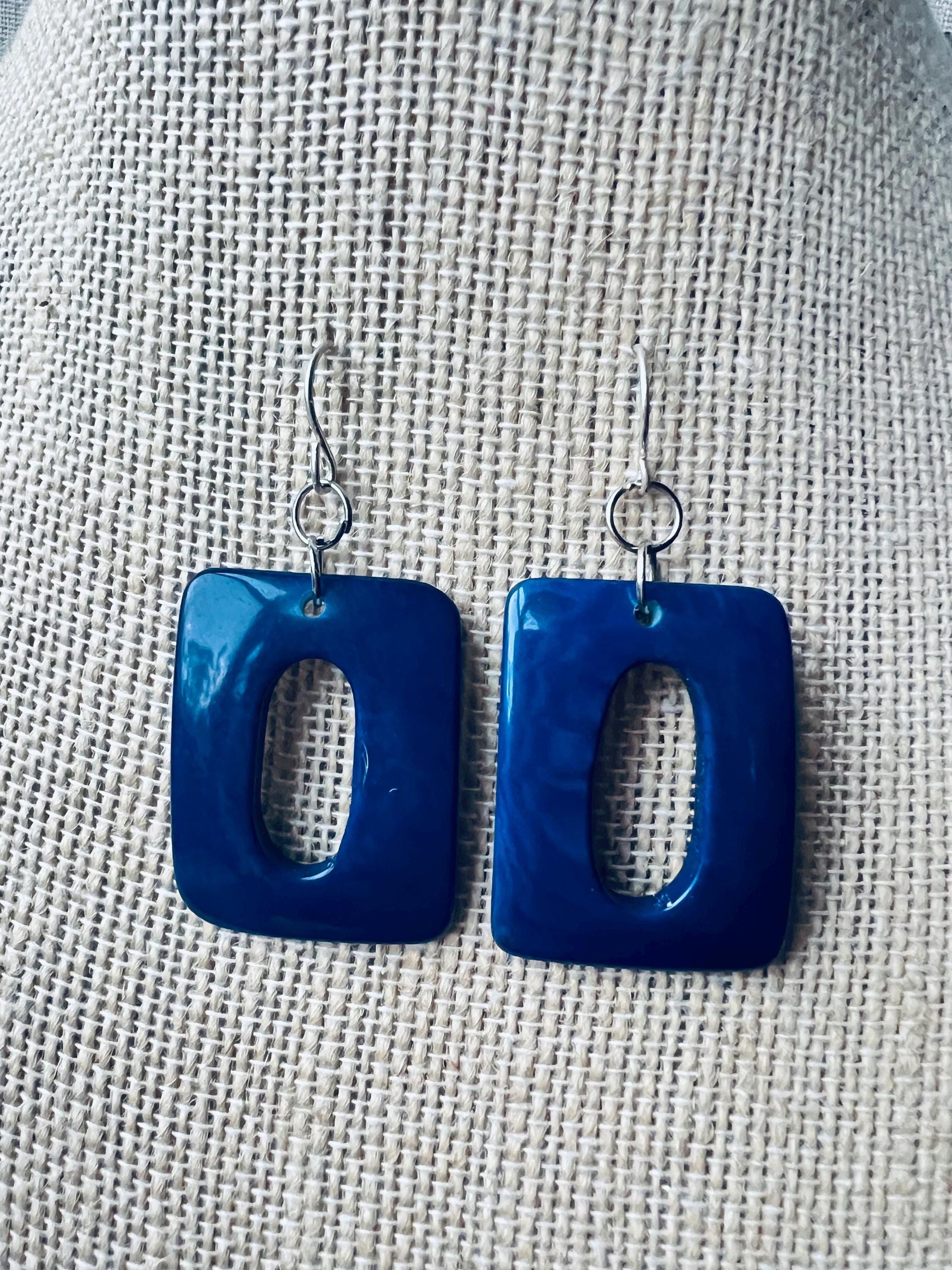 Blue statement earrings Dangle and drop earrings Fall fashion Tagua nut jewelry Artsy gifts Rectangle jewelry Long dangles Cruise wear