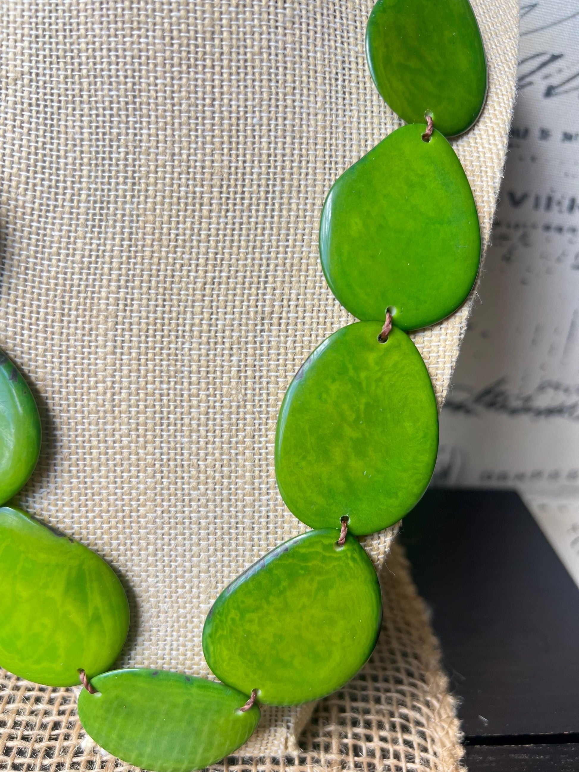 Green simple necklace Tagua nut jewelry Statement necklace with adjustable cord Wearable art Fall fashion Handmade beaded necklace