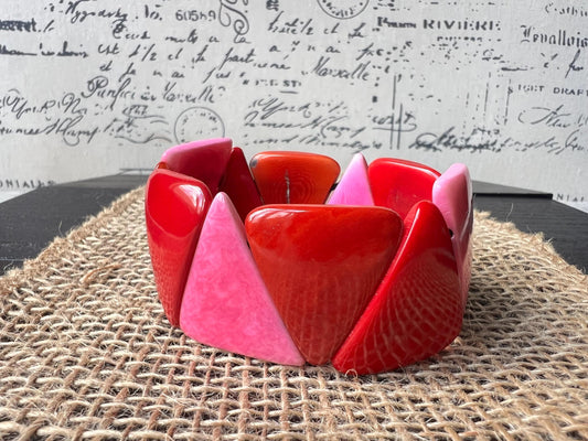 Red orange and pink Tagua bracelet Beaded stretch bangle Adjustable bracelet Huge statement bangle Summer fashion Wearable art Beach wear