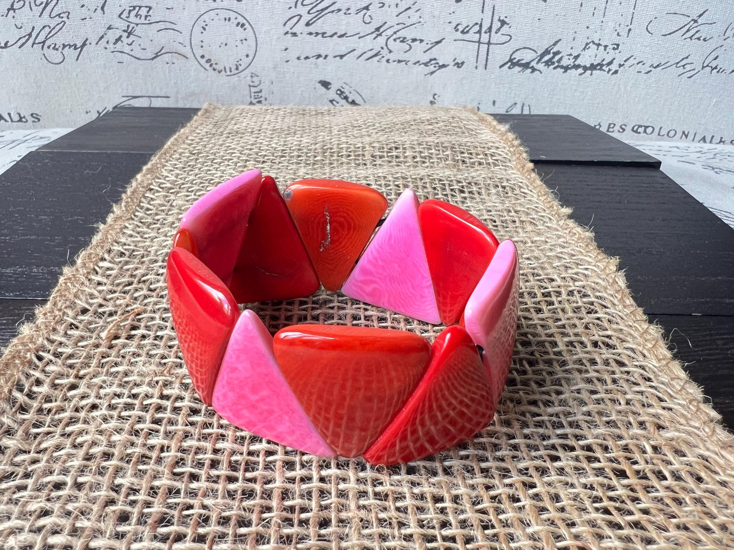 Red orange and pink Tagua bracelet Beaded stretch bangle Adjustable bracelet Huge statement bangle Fall fashion Wearable art Beach wear