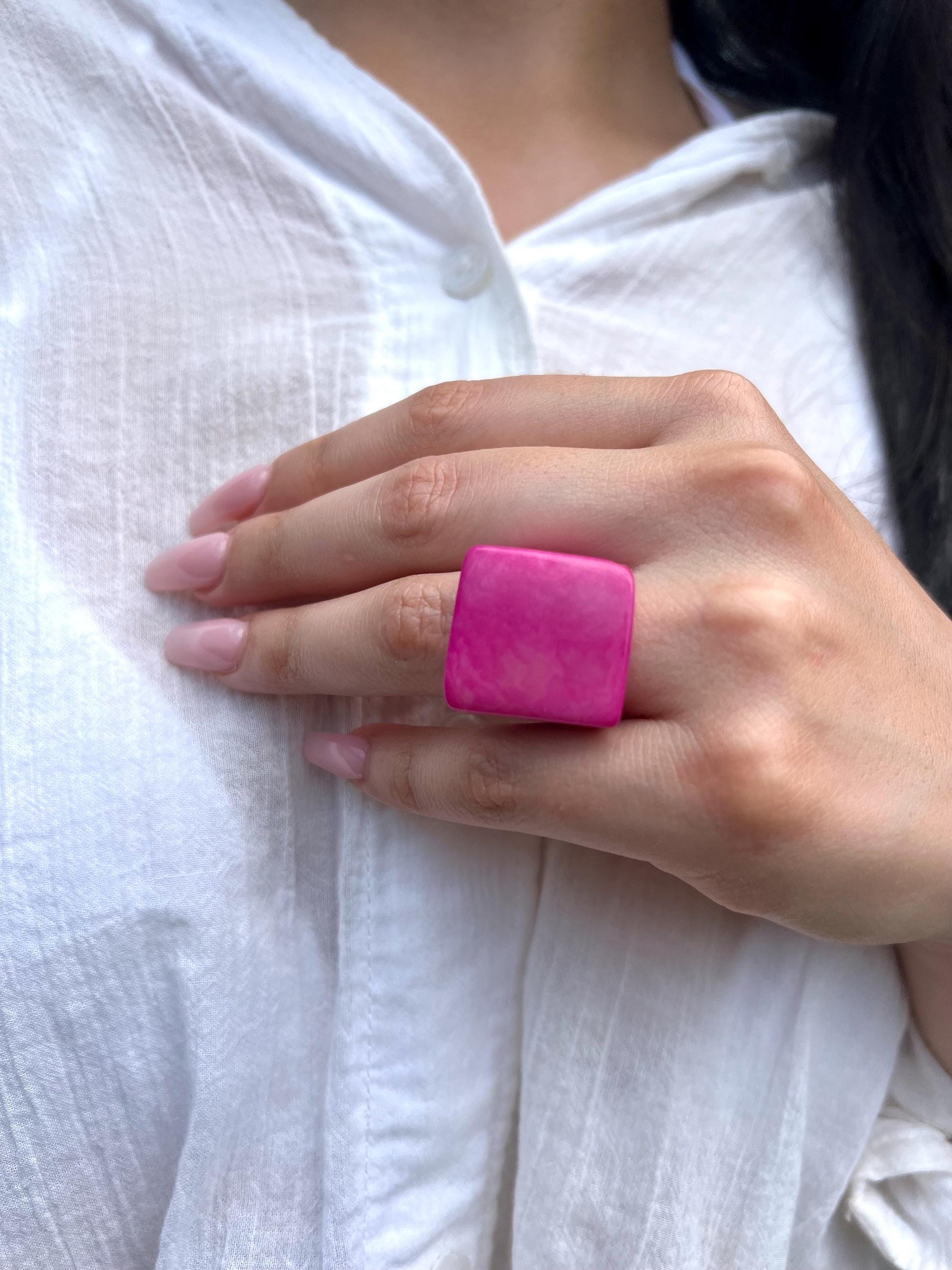 Pink statement ring Fashion ring thick band Tagua jewelry Art to wear Cocktail rings Handmade rings Bold handmade rings Chunky beachy ring