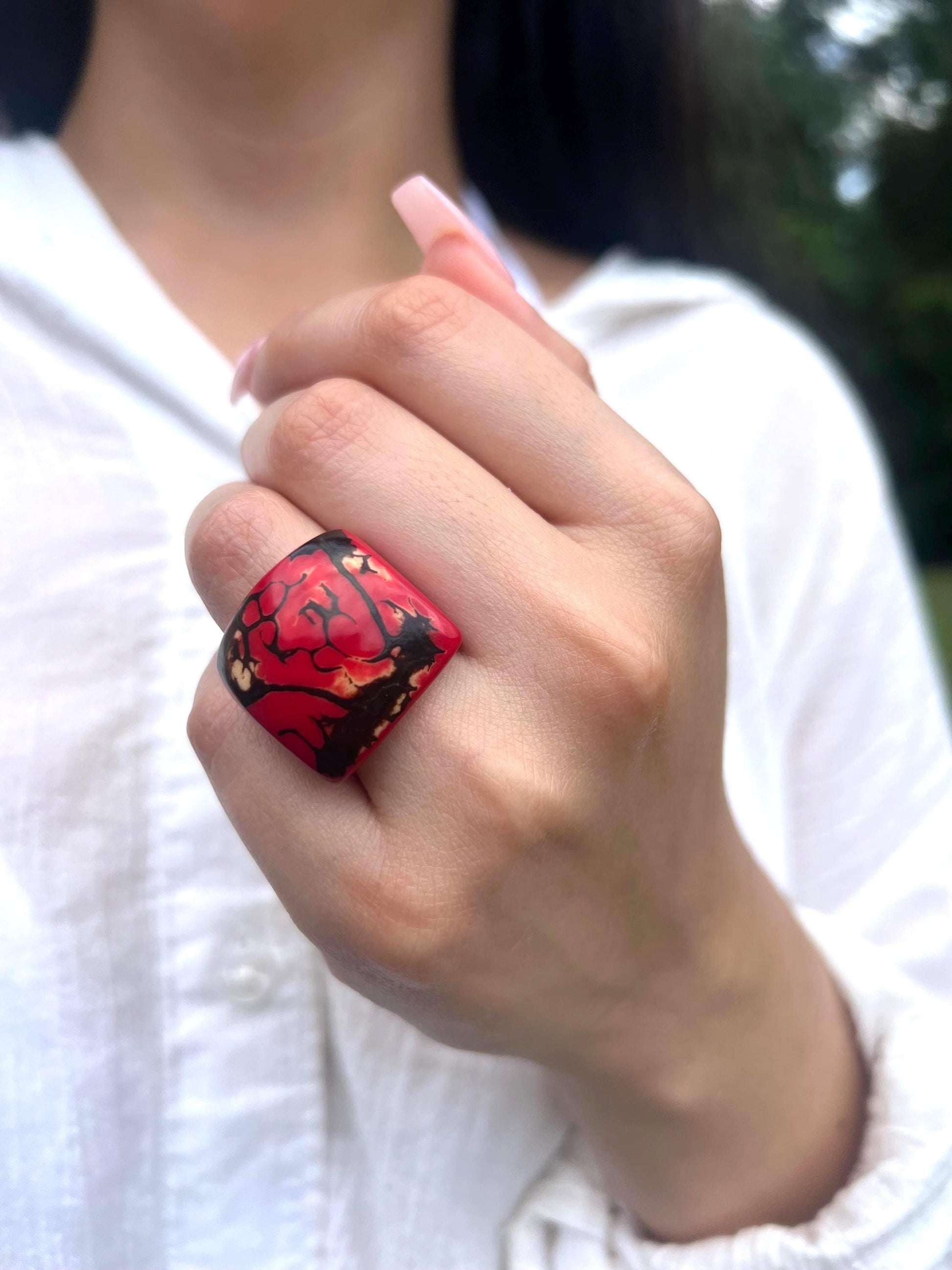 Elegant red ring Tagua nut cocktail ring Aesthetic rings Wide band ring Red beaded rings Wearable art Statement cuff ring Chunky rings