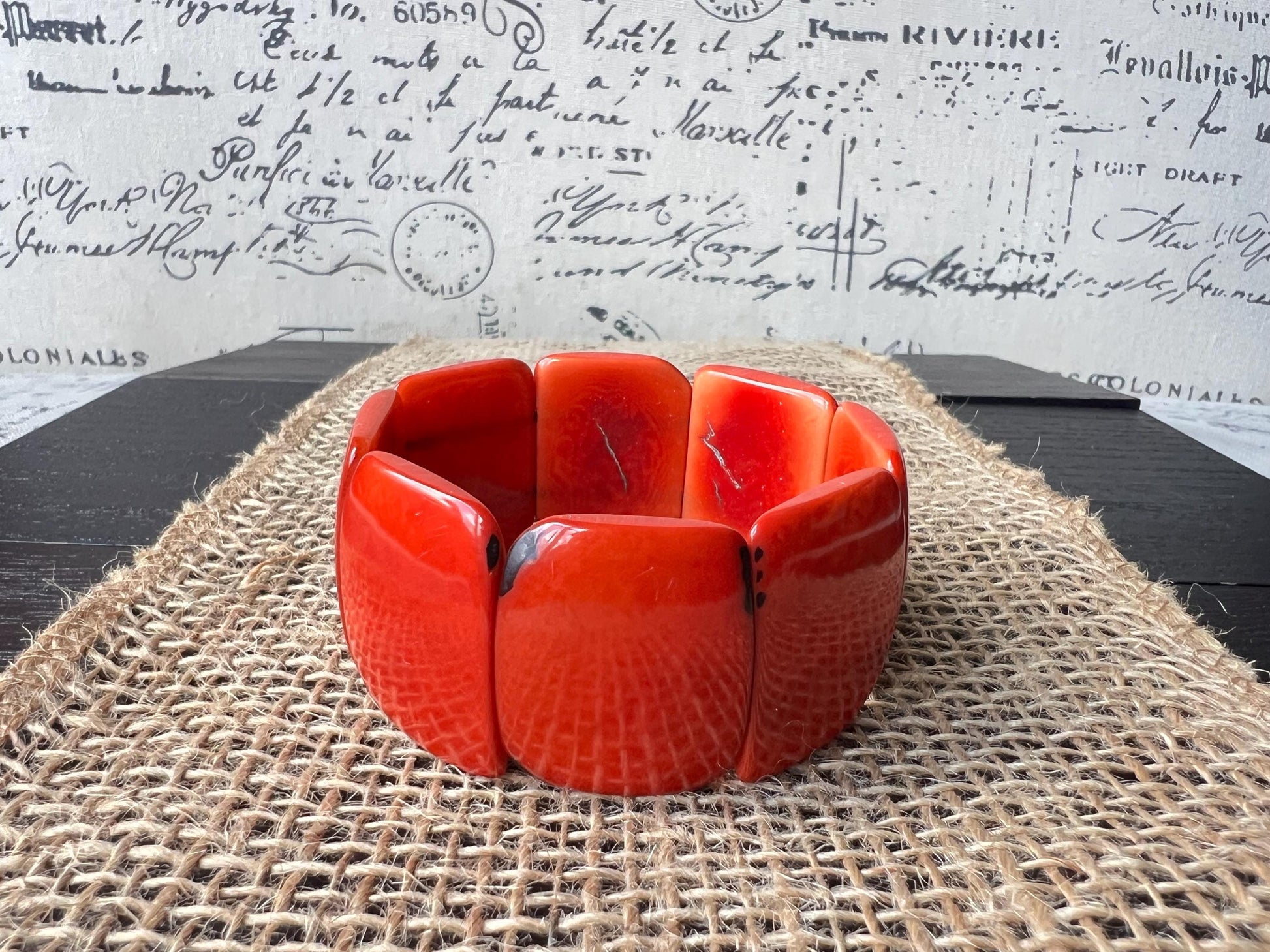 Orange statement bracelet Tagua jewelry Elastic stretch bracelet Big bead bracelet Fall fashion Wearable art Geometric square beads