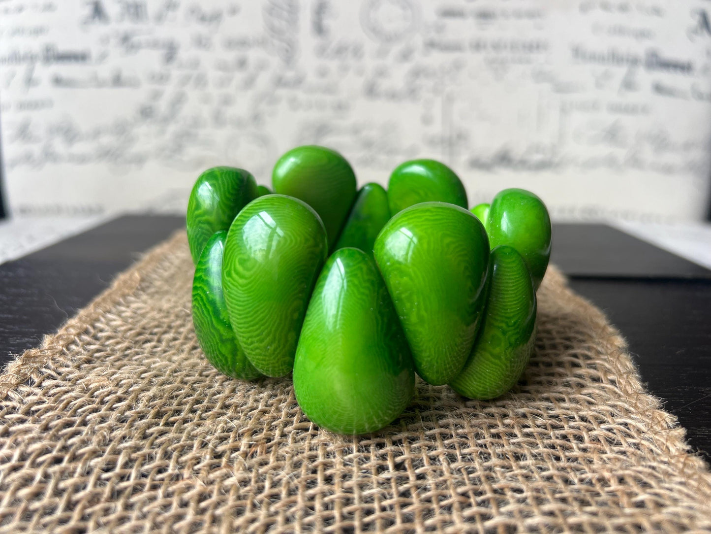 Green chunky bracelet Tagua jewelry Big bracelet for women Raindrop bracelet Statement bangle Art to wear Elastic stretch chunky bracelet