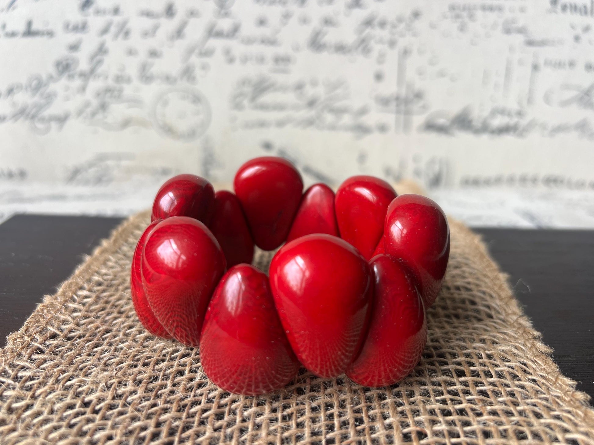 Red statement bracelet Tagua jewelry Wearable art Big bracelet for women Raindrop bracelet Art to wear Elastic stretch chunky bracelet