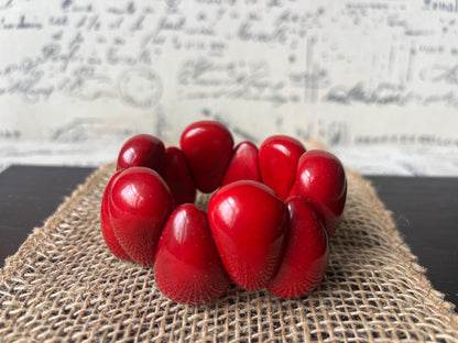 Red statement bracelet Tagua jewelry Wearable art Big bracelet for women Raindrop bracelet Art to wear Elastic stretch chunky bracelet