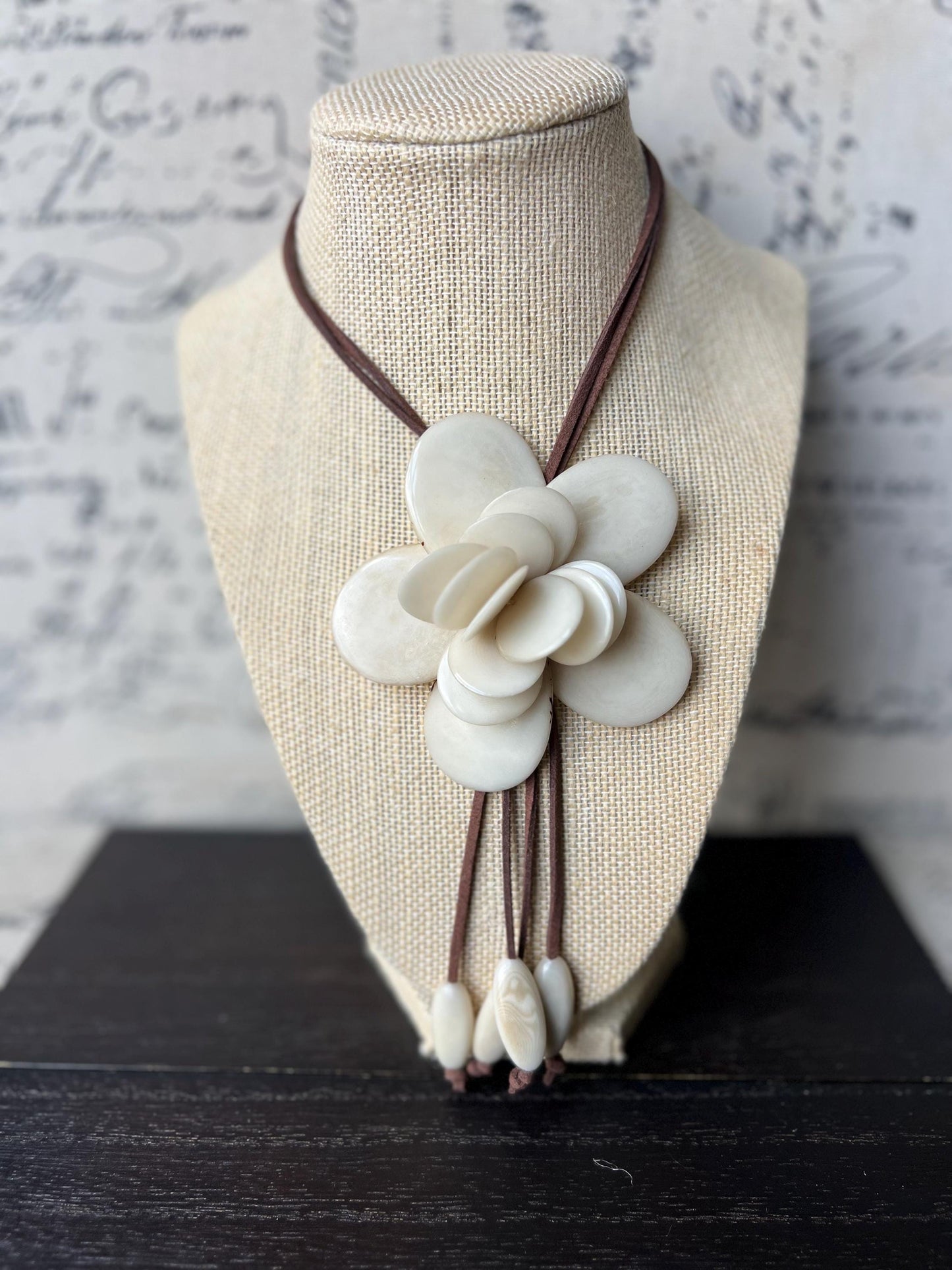 Ivory white flower pendant necklace Adjustable cord 14 year wedding anniversary gifts for wife Fall fashion Wearable art Tagua jewelry