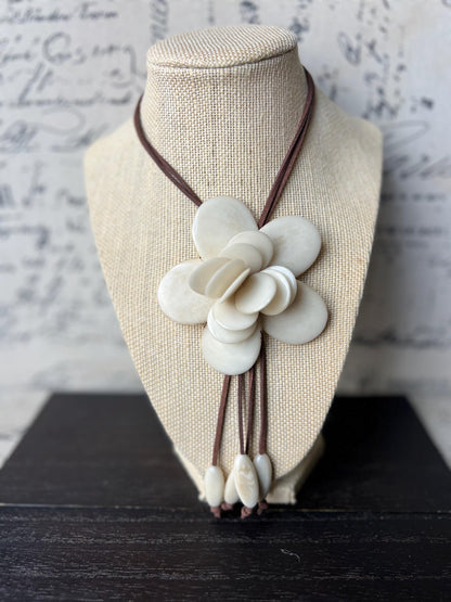 Ivory white flower pendant necklace Adjustable cord 14 year wedding anniversary gifts for wife Fall fashion Wearable art Tagua jewelry