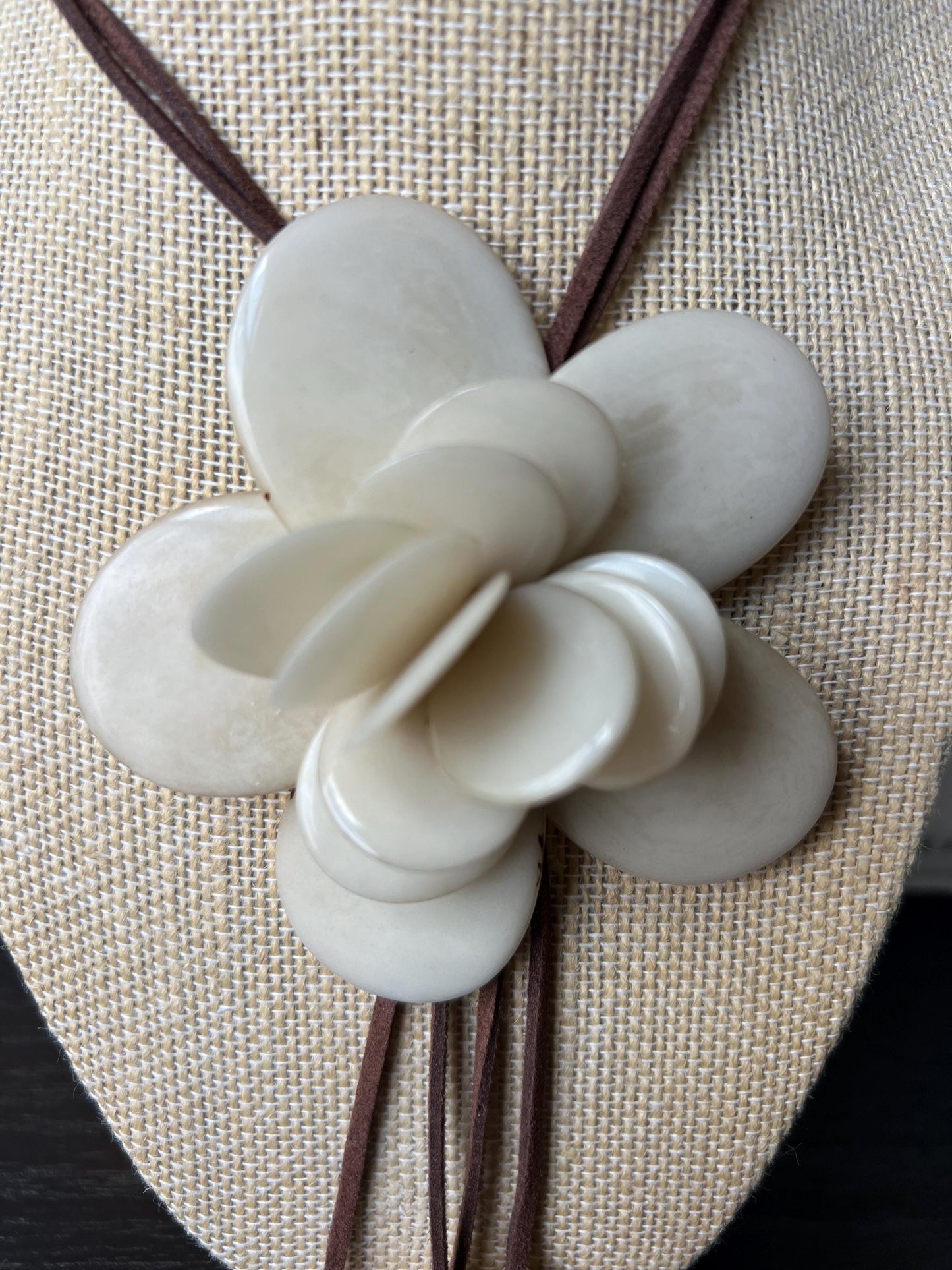 Ivory white flower pendant necklace Adjustable cord 14 year wedding anniversary gifts for wife Fall fashion Wearable art Tagua jewelry