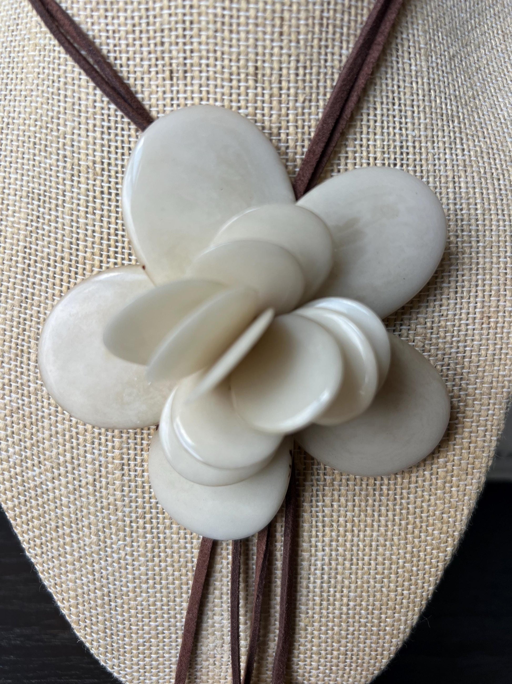 Ivory white flower pendant necklace Adjustable cord 14 year wedding anniversary gifts for wife Fall fashion Wearable art Tagua jewelry