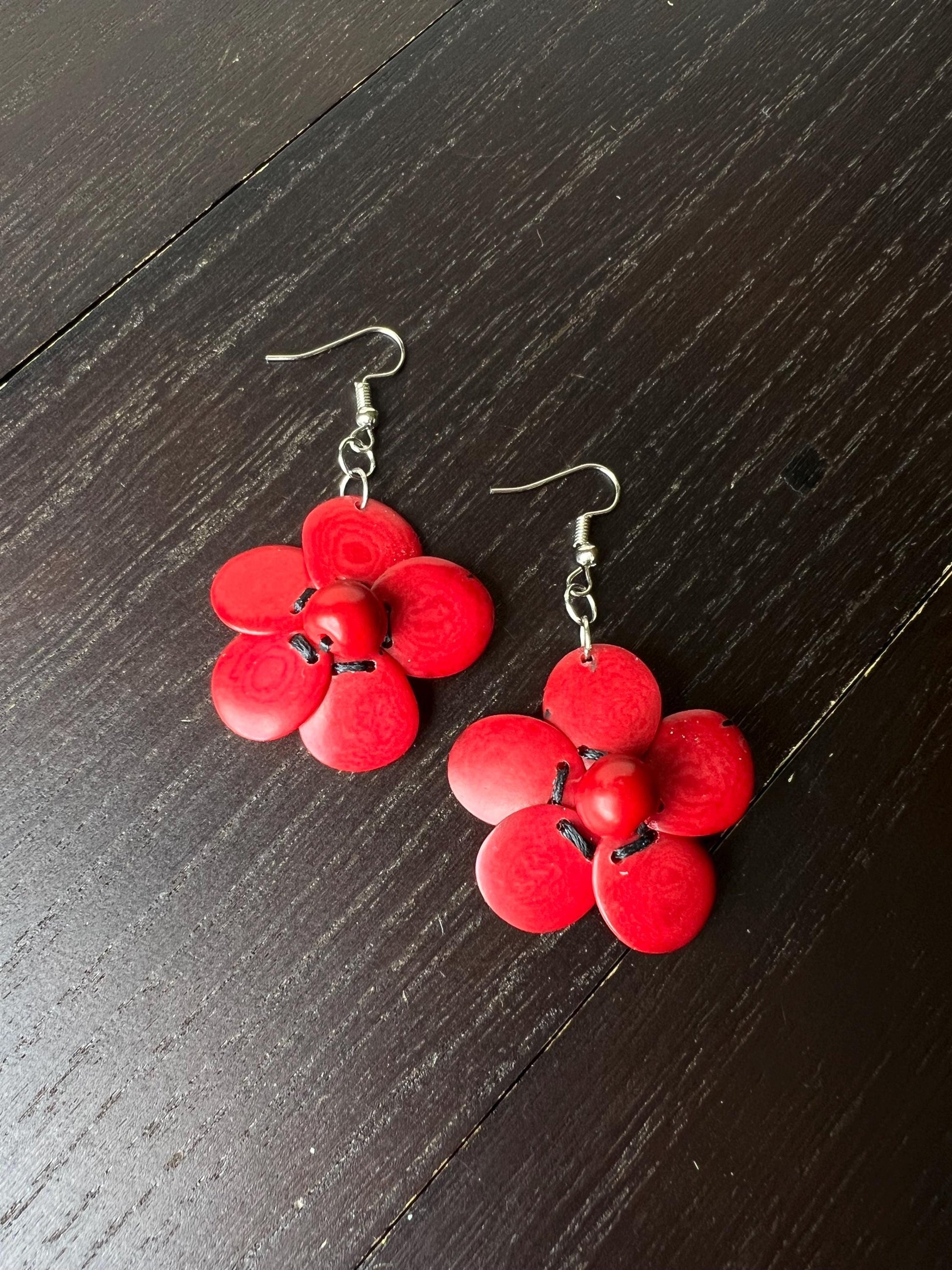 Red flower beaded earrings Tagua earrings Handmade statement earrings with hypoallergenic hooks Dangle earrings Wearable art Fall fashion