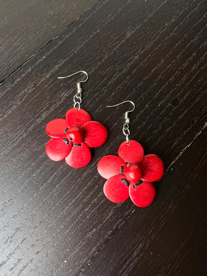 Red flower beaded earrings Tagua earrings Handmade statement earrings with hypoallergenic hooks Dangle earrings Wearable art Fall fashion