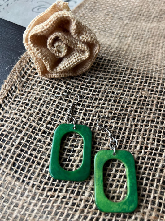 Green statement earrings Dangle and drop earrings Summer fashion Tagua nut jewelry Artsy gifts Rectangle jewelry Long dangles Cruise trends