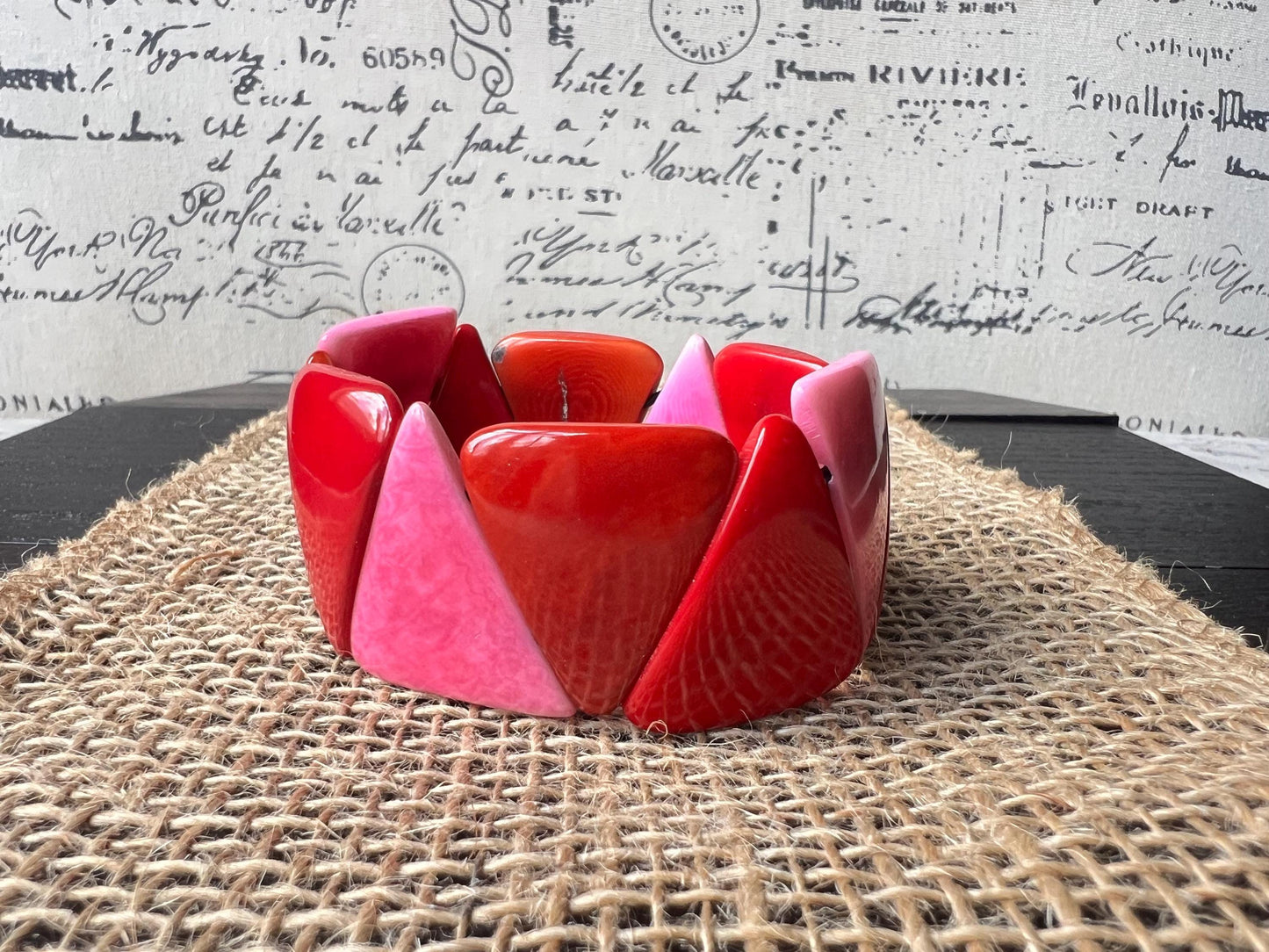 Red orange and pink Tagua bracelet Beaded stretch bangle Adjustable bracelet Huge statement bangle Fall fashion Wearable art Beach wear