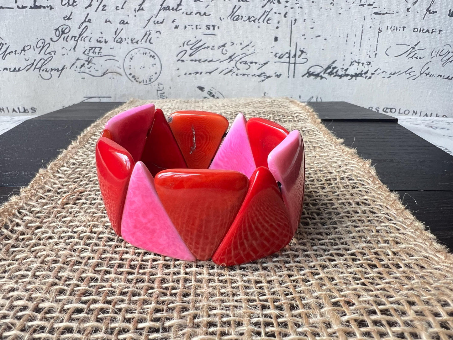 Red orange and pink Tagua bracelet Beaded stretch bangle Adjustable bracelet Huge statement bangle Fall fashion Wearable art Beach wear