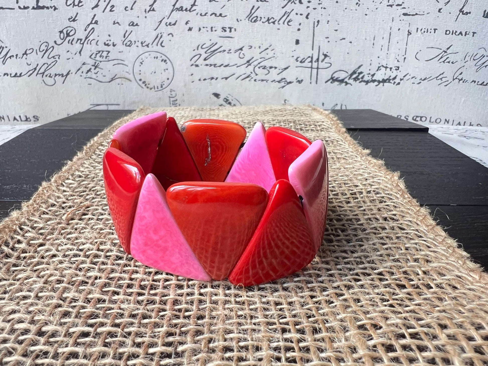 Red orange and pink Tagua bracelet Beaded stretch bangle Adjustable bracelet Huge statement bangle Fall fashion Wearable art Beach wear